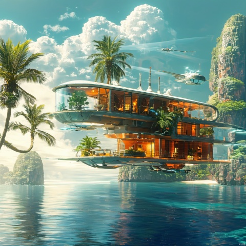  The image showcases a futuristic, floating house situated above a serene body of water. The house is designed with a combination of transparent and opaque sections, allowing for a panoramic view of the surroundings. It features multiple levels, with balconies, terraces, and a helipad. The house is adorned with various plants, including palm trees, and has a modern architectural style. In the background, there are rocky cliffs and a vast expanse of water, with a few distant islands visible. The sky is partly cloudy, and there's a sense of tranquility and luxury emanating from the scene.