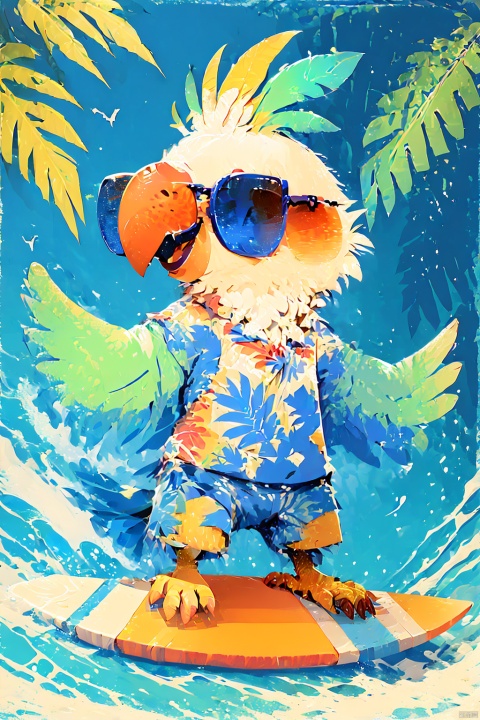  Cockatiel\(IP\), masterpiece, best qualit, surfing, bird, cloud, sky, sunglasses, palm, coconut, holding the coconut, smile, close eyes, colorful crown, beak, sea wave, surfboard,