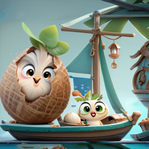 Coconut chicken,The image showcases a whimsical scene featuring two animated characters. On the left, there's a large, coconut-like creature with a surprised expression, green leaves sprouting from its head, and a small Coconut chicken peeking out from its shell. The creature is standing next to a small wooden boat named 'SNDOX'. Inside the boat, there's a blue creature with big eyes, a cheerful expression, and a small brown creature, possibly a dog, sitting beside it. The boat is adorned with various nautical items, including a lantern, a compass, and a small anchor. The background is a soft teal color, and there are small details like a basket filled with nuts and a small plant.