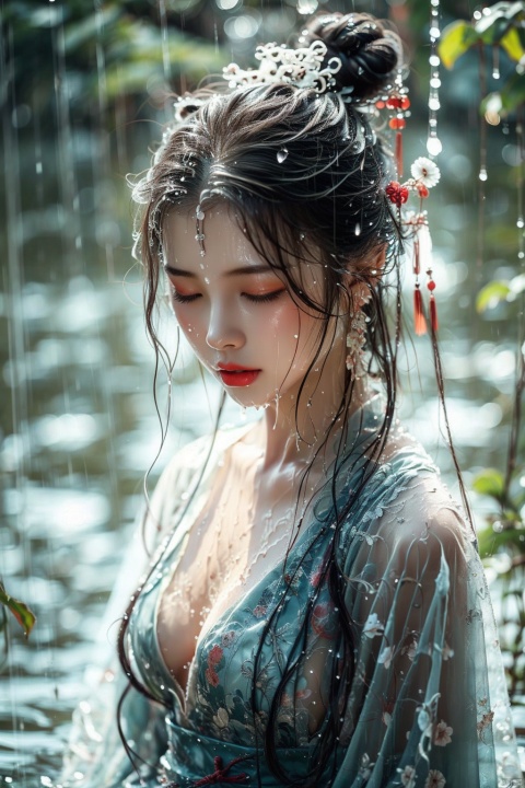  1girl, solo, closed eyes, black hair, wet, water, hair ornament, long hair, chinese clothes, wet clothes, upper body, closed mouth, breasts, blurry, hair bun, lips, hanfu, red lips, rain, wet hair, partially submerged, blurry background, realistic, collarbone, cleavage, single hair bun