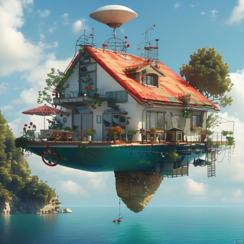 The image showcases a whimsical and intricately designed house that appears to be floating above the water. The house has multiple levels, with a prominent red-tiled roof, multiple windows, and various decorative elements. There are antennas, a satellite dish, and other technological devices attached to the house. The house is surrounded by a deck with seating, plants, and a table. Below the house, there's a large rock formation that supports the house. The backdrop is a serene blue sky with fluffy white clouds.