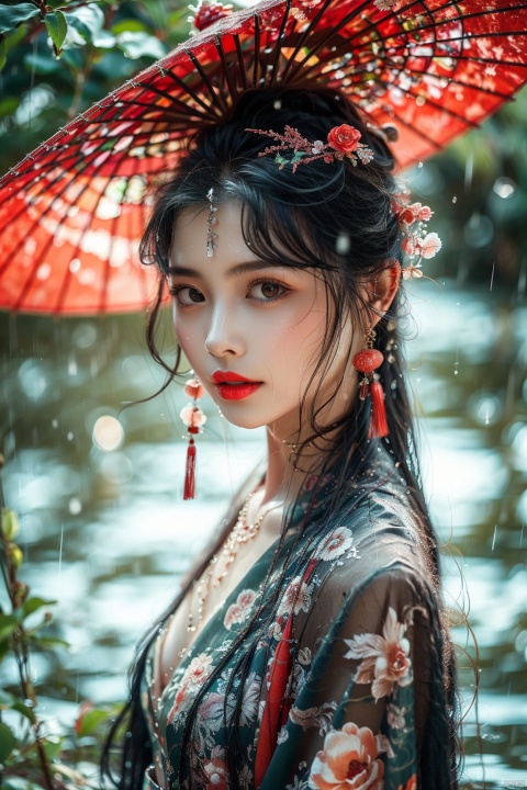  1girl, solo, umbrella, black hair, hair ornament, blurry, looking at viewer, red lips, oil-paper umbrella, brown eyes, blurry background, long hair, realistic, jewelry, lips, flower, upper body, earrings, chinese clothes, depth of field, makeup