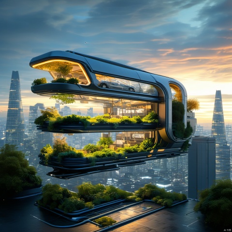  The image showcases a futuristic architectural design of a multi-level building. The building appears to be suspended or floating above the ground, with its lower levels showcasing greenery and plants. The upper levels have large glass windows, allowing for a panoramic view of the cityscape below. The building is illuminated with a warm, orange glow, contrasting with the cooler tones of the surrounding environment. The skyline in the background features tall skyscrapers, and the sun is setting, casting a golden hue over the scene