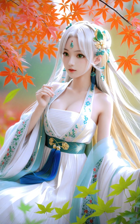 (masterpiece), (best quality), illustration, ultra detailed, hdr, Depth of field, (colorful), loli,1girl,solo,long hair,green eyes,blonde hair,hair ornament,bare shoulders,hanfu,breasts,dress,chinese clothes,white hair,upper body,leaf,bug,cleavage,white dress,