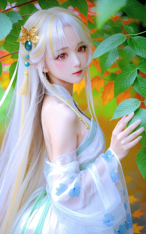  (masterpiece), (best quality), illustration, ultra detailed, hdr, Depth of field, (colorful), loli,1girl,solo,loli face,long hair,green eyes,blonde hair,hair ornament,bare shoulders,white hanfu,breasts,see-through dress,white sheer,white chinese clothes,white hair,upper body,leaf,bug,cleavage,white dress,sideboob,red eyes,buling eyes,