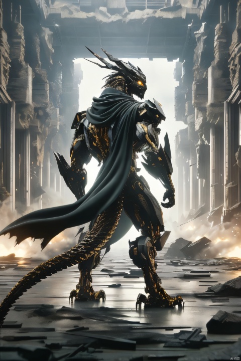  solo, 1boy, standing, tail, yellow eyes, horns, from behind, cape, no humans, glowing, glowing eyes, claws, science fiction, scales, ruins, dragon