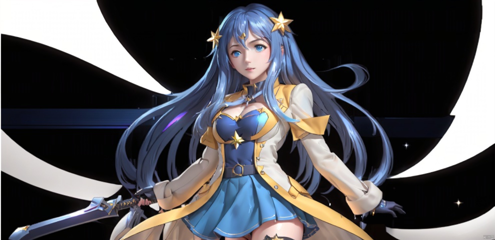 (1girl1.3),thin,very long hair,(((dark blue hair))),(((blue eyes))),(stars in the eyes),floating hair,Starry sky adorns hair,small breasts,(((black galaxy colorful coat))),white lining,white skirt,socks,star hairpin,open mouth,(happy),masterpiece,best quality,official art,extremely detailed CG unity 8k wallpaper,cozy anime, backlight, mahiro, [(white background:1.5)::5],(wide shot:1.95),Dynamic angle, fanxing,(full body), cozy anime1girl

solo

long hair

blonde hair

simple background

thighhighs

gloves

holding

standing

full body

weapon

boots

armor

high heels

staff

black background

armored boots

