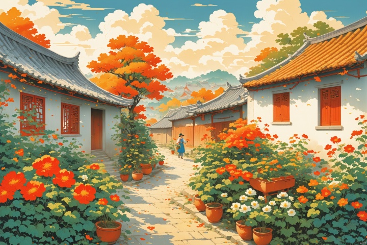  Thick painted Chinese cartoons, farmer paintings, Feng Zikai, textbook illustrations, Eastern poetry and painting, children's illustrations, 1980s illustrations, Asian towns, Chinese countryside, autumn scenery, children playing in the yard, rural vegetable gardens, wells, fences, small gardens next to houses, scenery, houses, outdoor, sky, windows, plants, flowers and plants, white clouds, doors, pots, buildings, chimneys, masterpieces, the best quality, novel illustration style, Depicting rural life, warm scenes, illustrations in children's books, official art, digital painting, perfect composition, duobaansheying
