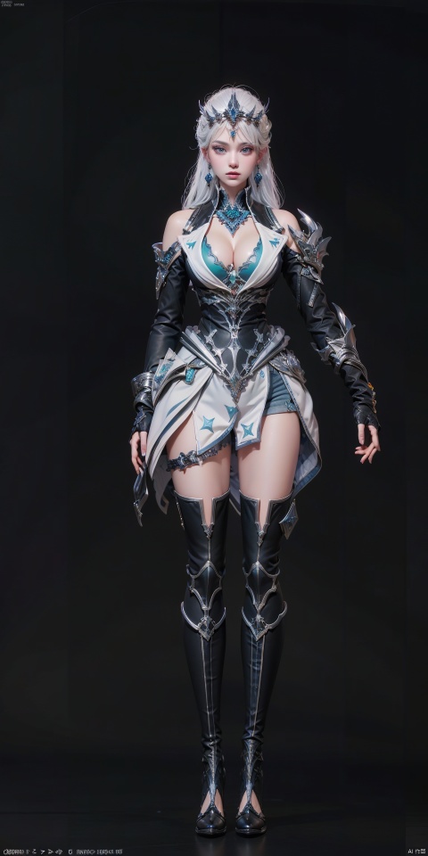  Luna,1girl,solo,full body,earrings,jewelry,gloves,thighhighs,boots,long hair,blue eyes,elbow gloves,fingerless gloves,white hair,bare shoulders,clothing cutout,medium breasts,armor,, (raw photo:1.2),((photorealistic:1.4))best quality,masterpiece,illustration,an extremely delicate and beautiful,extremely detailed,CG,unity,8k wallpaper,Amazing,finely detail,masterpiece,best quality,official art,extremely detailed CG unity 8k wallpaper,absurdres,incredibly absurdres,huge filesize,ultra-detailed,highres,extremely detailed,beautiful detailed girl,cinematic lighting,1girl,pale skin,tall female,(perfect body shape),skinny body,Slender legs,