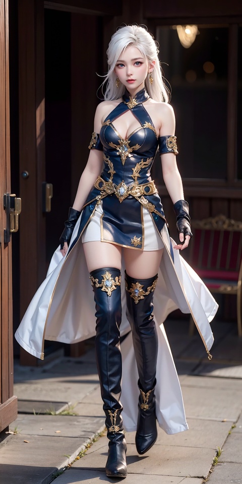 full body,earrings,jewelry,gloves,thighhighs,boots,long hair,blue eyes,elbow gloves,fingerless gloves,white hair,bare shoulders,clothing cutout,medium breasts,armor,, (raw photo:1.2),1girl,pale skin,tall female,(perfect body shape),skinny body,Slender legs,