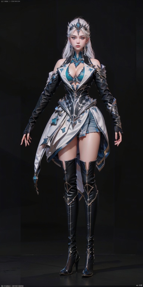  Luna,1girl,solo,full body,earrings,jewelry,gloves,thighhighs,boots,long hair,blue eyes,elbow gloves,fingerless gloves,white hair,bare shoulders,clothing cutout,medium breasts,armor,, (raw photo:1.2),((photorealistic:1.4))best quality,masterpiece,illustration,an extremely delicate and beautiful,extremely detailed,CG,unity,8k wallpaper,Amazing,finely detail,masterpiece,best quality,official art,extremely detailed CG unity 8k wallpaper,absurdres,incredibly absurdres,huge filesize,ultra-detailed,highres,extremely detailed,beautiful detailed girl,cinematic lighting,1girl,pale skin,tall female,(perfect body shape),skinny body,Slender legs,