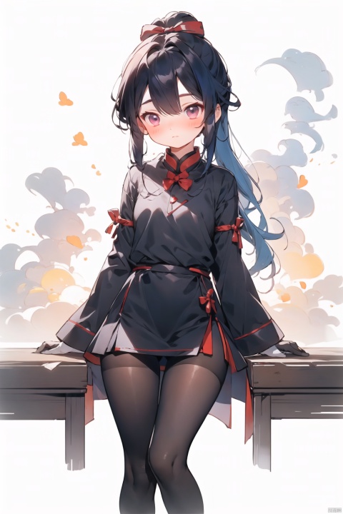 1 girl, shy expression, blush, steam, confused expression, white background, medium chest, blue hair, bangs, tassels, purple eyes, white sleeves, long sleeves, Chinese knot, pantyhose, side lock, gold trim, neck bell, extra long hair, hair between eyes, thighs, tight socks, red eyes, thighs, low ponytail, brown pantyhose, black gloves, bow, gloves, black pantyhose,