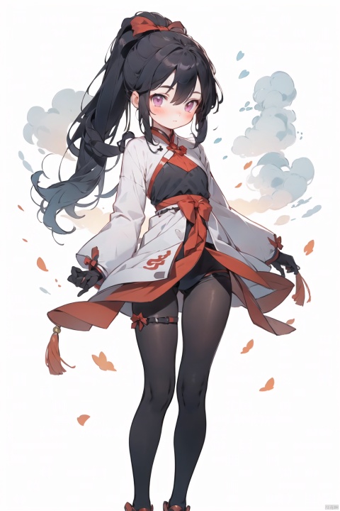  1 girl, shy expression, blush, steam, confused expression, white background, medium chest, blue hair, bangs, tassels, purple eyes, white sleeves, long sleeves, Chinese knot, pantyhose, side lock, gold trim, neck bell, extra long hair, hair between eyes, thighs, tight socks, red eyes, thighs, low ponytail, brown pantyhose, black gloves, bow, gloves, black pantyhose,