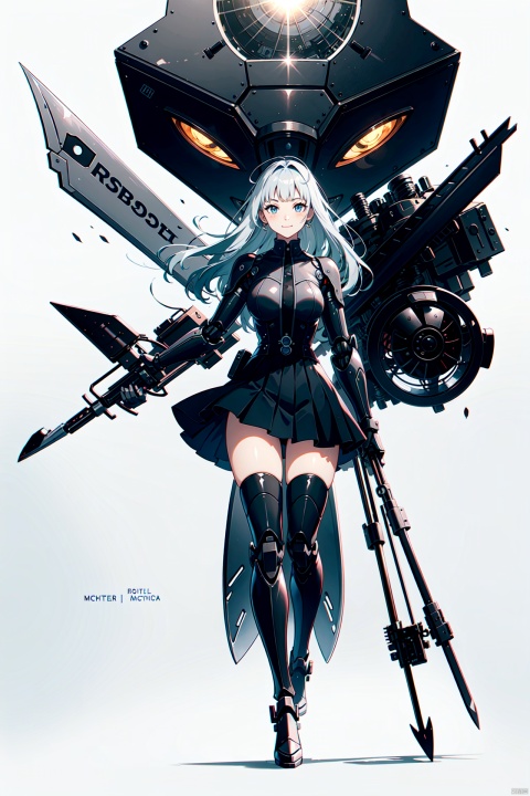  (((Masterpiece))),((Best Quality))),(1gril,solo:1.3),((full_body:1.2)),standing,Fist,(lovely,blush, smile),blunt bangs,Long hair,Gray hair break blue eyes,(Flying, with weapons in hand, weapons, black spears:1.3),(mechanization,Robots,Machines:1.4),Wings,(fans:1.4),mechanical legs,manipulator,Gray skirt,(white theme:1.45),Special Effects,Ray Tracing,(Shining, cosmic, light:1.1)