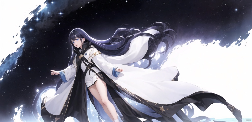 (1girl1.3),thin,very long hair,(((dark blue hair))),(((blue eyes))),(stars in the eyes),floating hair,Starry sky adorns hair,small breasts,(((black galaxy colorful coat))),white lining,white skirt,socks,star hairpin,mouth,(happy),masterpiece,best quality,official art,extremely detailed CG unity 8k wallpaper,cozy anime, backlight, mahiro, [(white background:1.5)::5],(wide shot:1.95),Dynamic angle, fanxing,(full body), cozy anime1girl

