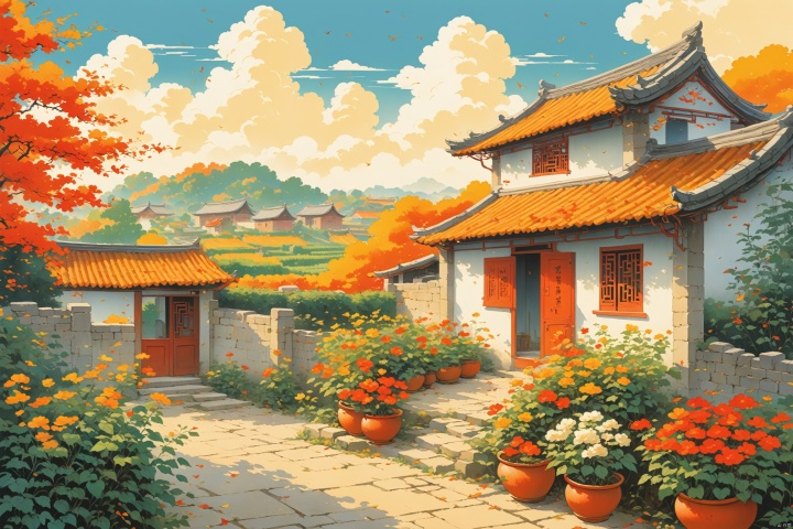  Thick painted Chinese cartoons, farmer paintings, Feng Zikai, textbook illustrations, Eastern poetry and painting, children's illustrations, 1980s illustrations, Asian towns, Chinese countryside, autumn scenery, children playing in the yard, rural vegetable gardens, wells, fences, small gardens next to houses, scenery, houses, outdoor, sky, windows, plants, flowers and plants, white clouds, doors, pots, buildings, chimneys, masterpieces, the best quality, novel illustration style, Depicting rural life, warm scenes, illustrations in children's books, official art, digital painting, perfect composition, duobaansheying