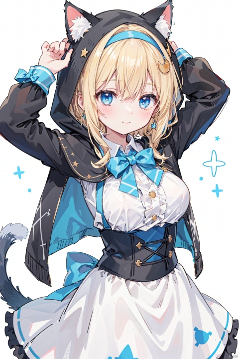  1girl, spider_web_print, solo, breasts, blush, sagisawa_fumika, diadem, animal_ears, hood, crescent, crescent_pin, smile, tail, bangs, looking_at_viewer, animal_hood, dress, white_background, hair_between_eyes, blue_dress, blue_eyes, long_hair, simple_background, bow, blue_bow, cat_tail, arms_up, jewelry, cat_ears, capelet, long_sleeves, cross-laced_clothes, closed_mouth, cat_hood, frills, hands_up, brooch, large_breasts, argyle, star_\(symbol\), hooded_capelet, bowtie, underbust, hairband, blue_ribbon, animal_ear_fluff, medium_breasts, hood_up