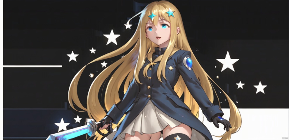 (1girl1.3),thin,very long hair,(((dark blue hair))),(((blue eyes))),(stars in the eyes),floating hair,Starry sky adorns hair,small breasts,(((black galaxy colorful coat))),white lining,white skirt,socks,star hairpin,open mouth,(happy),masterpiece,best quality,official art,extremely detailed CG unity 8k wallpaper,cozy anime, backlight, mahiro, [(white background:1.5)::5],(wide shot:1.95),Dynamic angle, fanxing,(full body), cozy anime1girl

solo

long hair

blonde hair

simple background

thighhighs

gloves

holding

standing

full body

weapon

boots

armor

high heels

staff

black background

armored boots

