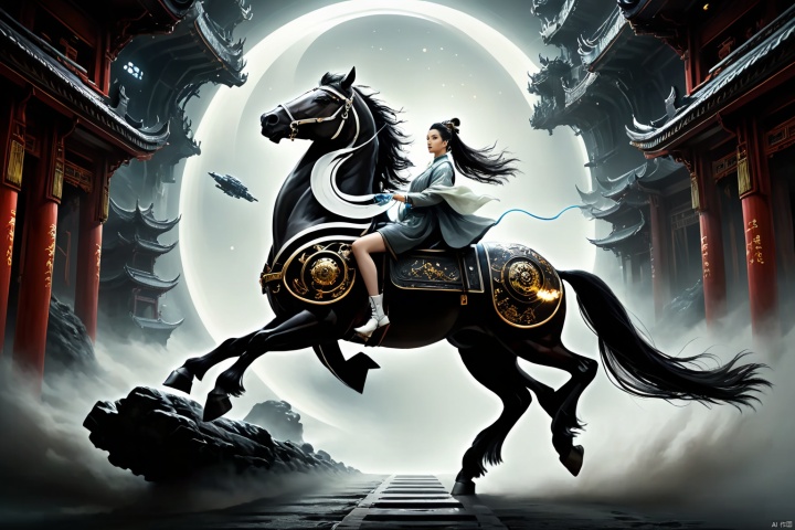  1girl,solo,black hair,hair ornament,hair bun,chinese clothes ,single hair bun,riding,horse,hors,eback riding,The girl is riding on a mechanical warhorse, with an alien spacecraft in the background,Flowing long hair,Vivid clothes,cyberpunk art,fantasy art,Mechanically constructed warhorse with intricate mechanical intricacy
In this visually striking cyberpunk-fantasy artwork, we have a solitary young woman who exudes strength and poise. She is depicted as having lustrous black hair which is elegantly styled into a single, meticulously tied bun adorned with a traditional Chinese hair ornament that adds a touch of cultural mystique to her appearance. Her flowing locks cascade down her back, contrasting beautifully against her vividly colored Chinese attire, rich with embroidered details that reflect both ancient heritage and futuristic aesthetics.
She rides a mechanically constructed warhorse, a marvel of technology and artistry, its form brimming with intricate gears, wires, and sleek metallic surfaces—a fusion of old-world steed and high-tech machinery. The warhorse gallops powerfully amidst a backdrop of a vast alien spacecraft hovering in the sky, casting an otherworldly glow upon the scene., yiji