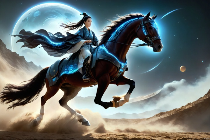  1girl,solo,black hair,hair ornament,hair bun,chinese clothes ,single hair bun,riding,horse,hors,eback riding,The girl is riding on a mechanical warhorse, with an alien spacecraft in the background,Flowing long hair,Vivid clothes,
A solitary young woman, her long black hair tied up in a sleek, single hair bun accentuated by a dazzling hair ornament, is dressed in authentic Chinese garb that speaks volumes about her cultural heritage. Riding not just any ordinary horse, but a futuristic mechanical warhorse, she stands out against the stark contrast of her surroundings. 
Against the backdrop of an extraterrestrial spacecraft hovering majestically in the distance, this scene encapsulates a fascinating blend of ancient traditions and advanced technology. The girl's confident stance on her high-tech mount symbolizes a seamless integration of the past and the future, where oriental aesthetics meets sci-fi fantasy.
As she navigates the unknown terrain, her equestrian skills adapt seamlessly to the mechanical creature beneath her, suggesting a world where humanity has evolved beyond the conventional bounds of Earthly limitations. In this surreal imagery, the girl on her mechanical warhorse becomes a beacon of resilience and adaptation, bridging worlds and epochs in a thrilling narrative of human progress and cultural endurance., scenery