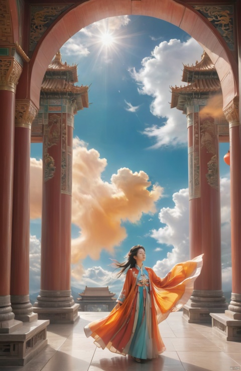 1girl,wuman,cloud, sky, cloudy_sky, scenery, tower, arch, pillar, no_humans, architecture, artstation, 19 years old young woman, abstract landscape, energizing, colorful, artistic expression, nostalgic, monumental, aesthetic, very inspirational, arthouse, detailed, colorized photograph,cgsociety, by Gustave Dore, octane render,
In this stunning architectural scene, the sky serves as a dramatic canvas painted with an array of clouds that blanket the horizon in a majestic cloudy expanse. The absence of human figures heightens the sense of grandeur and solitude, directing the viewer's focus solely onto the breathtaking scenery below.

A towering edifice rises from the landscape, its form defined by arches and pillars that speak to a rich history and masterful design. The structure seems to reach out towards the heavens, bridging the gap between earth and sky. Each pillar and archway is meticulously crafted, showcasing the intricate details and the timeless beauty of the architecture.

This image captures the essence of human creation nestled within the vastness of natureāa testament to the enduring power of design and the harmonious relationship that can exist between man-made wonders and the natural world., Arien view, 1girl, shanhaijing, arien_hanfu