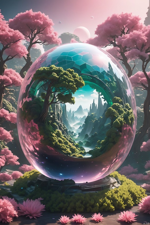 (((masterpiece))) (((best quality))) glass sphere, close-up of a planet with a bunch of trees on it, overgrown planet, green planet, fractal world, fantasy overgrown world, fantasy planet, Dyson sphere, pink planet, 3D render beeple, planetary landscape, round planet inspired by Jofra Bosschart, planet, futuristic world, psychedelic flower planets, ethereal world, (outgoing glow)