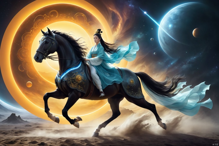  1girl,solo,black hair,hair ornament,hair bun,chinese clothes ,single hair bun,riding,horse,hors,eback riding,The girl is riding on a mechanical warhorse, with an alien spacecraft in the background,Flowing long hair,Vivid clothes,
A solitary young woman, her long black hair tied up in a sleek, single hair bun accentuated by a dazzling hair ornament, is dressed in authentic Chinese garb that speaks volumes about her cultural heritage. Riding not just any ordinary horse, but a futuristic mechanical warhorse, she stands out against the stark contrast of her surroundings. 
Against the backdrop of an extraterrestrial spacecraft hovering majestically in the distance, this scene encapsulates a fascinating blend of ancient traditions and advanced technology. The girl's confident stance on her high-tech mount symbolizes a seamless integration of the past and the future, where oriental aesthetics meets sci-fi fantasy.
As she navigates the unknown terrain, her equestrian skills adapt seamlessly to the mechanical creature beneath her, suggesting a world where humanity has evolved beyond the conventional bounds of Earthly limitations. In this surreal imagery, the girl on her mechanical warhorse becomes a beacon of resilience and adaptation, bridging worlds and epochs in a thrilling narrative of human progress and cultural endurance.