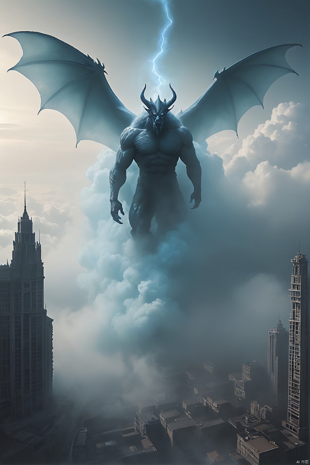  Giant Creature, (Super Giant Cloud Demon coalesced by thick fog), floating over the city,, Cloud Demon's body is immense like a huge white cloud, eyes glinting with intelligence, it's body is surrounded by white clouds, connecting it to the sky and the earth, in the midst of the city's hustle and bustle, thick fog, Creature's body is tall and tall in the sky, with a hooded cover, Robust human body is covered by a large amount of white dark fog, thick fog, Bio-Chemical Mutant Nuclear Grotesque, Bioluminescent Bioluminescent, Zdzistaw Beksinski, H R Giger, Webbed Feet Webbed Foot Tentacles, Rudimentary Wings Mutilated Wings, Erratic Irregular, Wrinkled Folds. Microbiology Microbiology, Phosphorescent Phosphorescent, Scaly, Camouflaging Camouflaging, Translucent Resin Wave Style, bryce 3d, Fresco-like Composition, Weathered Material, Luminous, The
Background: looking up from below