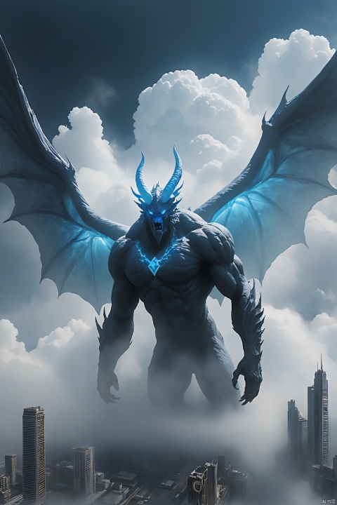 Giant Creature, (Super Giant Cloud Demon coalesced by thick fog), floating over the city,, Cloud Demon's body is immense like a huge white cloud, eyes glinting with intelligence, it's body is surrounded by white clouds, connecting it to the sky and the earth, in the midst of the city's hustle and bustle, thick fog, Creature's body is tall and tall in the sky, with a hooded cover, Robust human body is covered by a large amount of white dark fog, thick fog, Bio-Chemical Mutant Nuclear Grotesque, Bioluminescent Bioluminescent, Zdzistaw Beksinski, H R Giger, Webbed Feet Webbed Foot Tentacles, Rudimentary Wings Mutilated Wings, Erratic Irregular, Wrinkled Folds. Microbiology Microbiology, Phosphorescent Phosphorescent, Scaly, Camouflaging Camouflaging, Translucent Resin Wave Style, bryce 3d, Fresco-like Composition, Weathered Material, Luminous, The
Background: looking up from below