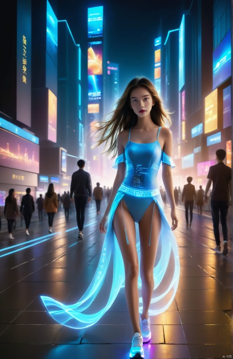 1 girl, solo, long hair, neon light, (full body), night, city street, blue_dress, luminous text on the body, multi-line light on the body, (luminous electronic screen),(electronic message flow: 1.3), holographic projection, (luminous electronic screen on the arm: 1.2), luminous text on the thigh, (girl pose: 1.3), luminous electronic shoes, (Masterpiece, best quality: 1.2),16k, horizontal image quality, (luminous electronic screen), electronic message flow, holographic projection,, luminous electronic shoes,  city blocks, skyscrapers, scenery