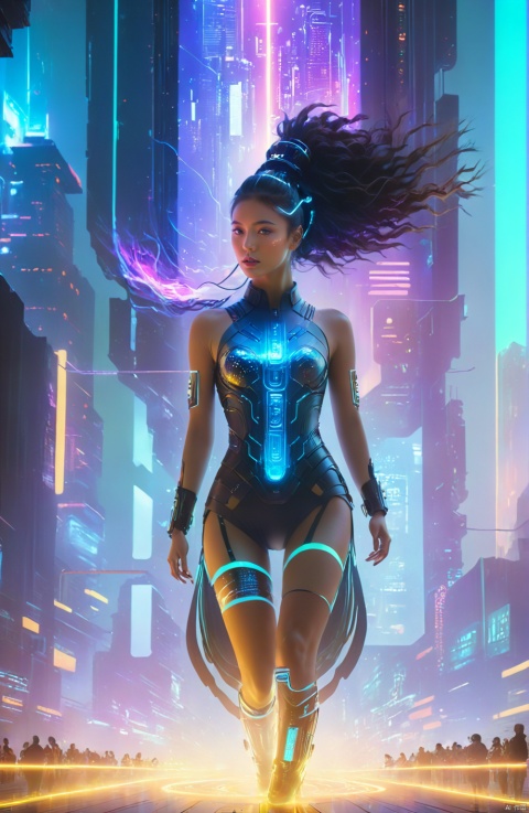 1girl,solo,full body,
In a horizontally oriented masterpiece rendered at an ultra-high 16K image quality that embodies the technology of the future, there stands a cyberpunk girl amidst a backdrop composed of tightly packed city blocks, towering skyscrapers, and neon-lit signs. This girl epitomizes the fusion of cutting-edge artistry and technology with meticulous attention paid to every detail in envisioning a unique interpretation of tomorrow's world.

Her attire is crafted from luminescent materials, featuring multiple lines of light tracing her form, creating a mesmerizing interplay of body-hugging beams (1.2). The entire ensemble sparkles as various points across her body emit light, weaving a dazzling visual spectacle.

An oversized glowing electronic screen adorns her body, dynamically streaming electronic messages and data flows (1.3), vividly encapsulating the torrential nature of digital information in a futuristic existence. A holographic projection system is integrated into her arm, extending outwards from a sleeve, casting images into the air—a testament to how deeply technology permeates daily life in this imagined future.

Text that glows luminously is inscribed upon her thigh, adding a layer of narrative intrigue to her overall aesthetic. She sports a pair of glowing electronic shoes that not only match but also harmoniously interact with her radiant outfit.

Colored smoke envelops her feet, imbuing the scene with an ethereal and enigmatic atmosphere. The girl strikes a powerful and evocative pose (1.2), serving as a symbolic bridge between reality and the realm of high-tech futurism.

In summary, this vision presents a cyberpunk girl who, through her illuminated garb, interactive body projections, and illuminated accessories, transcends the boundaries of the present while inviting viewers to embark on a journey into a new world where fashion design, advanced technological functionality, and futuristic ideology blend seamlessly., Arien view