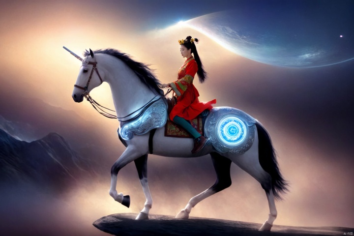  1girl,solo,black hair,hair ornament,hair bun,chinese clothes ,single hair bun,riding,horse,hors,eback riding,The girl is riding on a mechanical warhorse, with an alien spacecraft in the background,Flowing long hair,Vivid clothes,
A solitary young woman, her long black hair tied up in a sleek, single hair bun accentuated by a dazzling hair ornament, is dressed in authentic Chinese garb that speaks volumes about her cultural heritage. Riding not just any ordinary horse, but a futuristic mechanical warhorse, she stands out against the stark contrast of her surroundings. 
Against the backdrop of an extraterrestrial spacecraft hovering majestically in the distance, this scene encapsulates a fascinating blend of ancient traditions and advanced technology. The girl's confident stance on her high-tech mount symbolizes a seamless integration of the past and the future, where oriental aesthetics meets sci-fi fantasy.
As she navigates the unknown terrain, her equestrian skills adapt seamlessly to the mechanical creature beneath her, suggesting a world where humanity has evolved beyond the conventional bounds of Earthly limitations. In this surreal imagery, the girl on her mechanical warhorse becomes a beacon of resilience and adaptation, bridging worlds and epochs in a thrilling narrative of human progress and cultural endurance.
