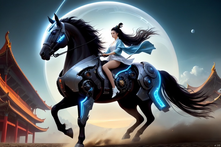  1girl,solo,black hair,hair ornament,hair bun,chinese clothes ,single hair bun,riding,horse,hors,eback riding,The girl is riding on a mechanical warhorse, with an alien spacecraft in the background,Flowing long hair,Vivid clothes,cyberpunk art,fantasy art,Mechanically constructed warhorse with intricate mechanical intricacy
In this visually striking cyberpunk-fantasy artwork, we have a solitary young woman who exudes strength and poise. She is depicted as having lustrous black hair which is elegantly styled into a single, meticulously tied bun adorned with a traditional Chinese hair ornament that adds a touch of cultural mystique to her appearance. Her flowing locks cascade down her back, contrasting beautifully against her vividly colored Chinese attire, rich with embroidered details that reflect both ancient heritage and futuristic aesthetics.
She rides a mechanically constructed warhorse, a marvel of technology and artistry, its form brimming with intricate gears, wires, and sleek metallic surfaces—a fusion of old-world steed and high-tech machinery. The warhorse gallops powerfully amidst a backdrop of a vast alien spacecraft hovering in the sky, casting an otherworldly glow upon the scene., mechanical,Mecha