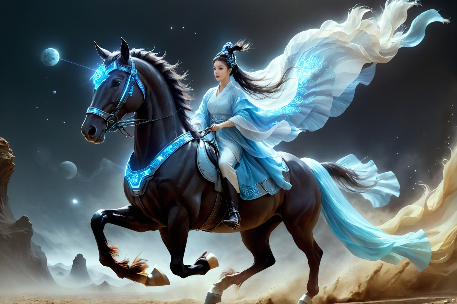  1girl,solo,black hair,hair ornament,hair bun,chinese clothes ,single hair bun,riding,horse,hors,eback riding,The girl is riding on a mechanical warhorse, with an alien spacecraft in the background,Flowing long hair,Vivid clothes,
A solitary young woman, her long black hair tied up in a sleek, single hair bun accentuated by a dazzling hair ornament, is dressed in authentic Chinese garb that speaks volumes about her cultural heritage. Riding not just any ordinary horse, but a futuristic mechanical warhorse, she stands out against the stark contrast of her surroundings. 
Against the backdrop of an extraterrestrial spacecraft hovering majestically in the distance, this scene encapsulates a fascinating blend of ancient traditions and advanced technology. The girl's confident stance on her high-tech mount symbolizes a seamless integration of the past and the future, where oriental aesthetics meets sci-fi fantasy.
As she navigates the unknown terrain, her equestrian skills adapt seamlessly to the mechanical creature beneath her, suggesting a world where humanity has evolved beyond the conventional bounds of Earthly limitations. In this surreal imagery, the girl on her mechanical warhorse becomes a beacon of resilience and adaptation, bridging worlds and epochs in a thrilling narrative of human progress and cultural endurance., scenery