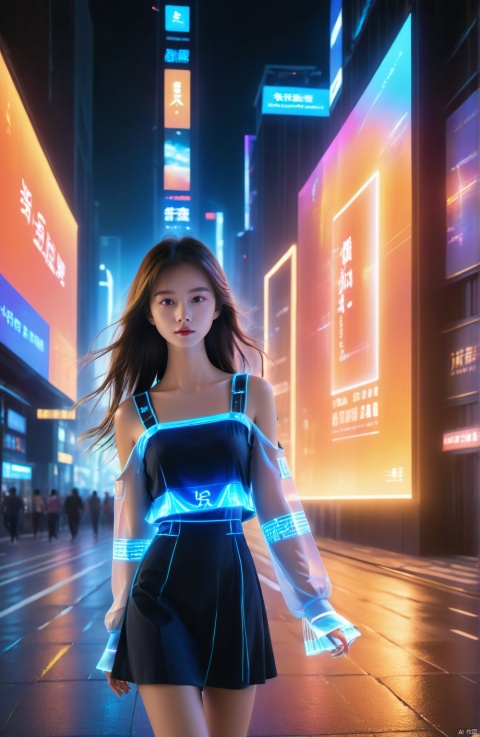  1 girl, solo, long hair, neon light, (full body), night, city street, blue_dress, luminous text on the body, multi-line light on the body, (luminous electronic screen),(electronic message flow: 1.3), holographic projection, (luminous electronic screen on the arm: 1.2), luminous text on the thigh, (girl pose: 1.3), luminous electronic shoes, (Masterpiece, best quality: 1.2),16k, horizontal image quality, (luminous electronic screen), electronic message flow, holographic projection,, luminous electronic shoes, colored smoke, city blocks, skyscrapers,