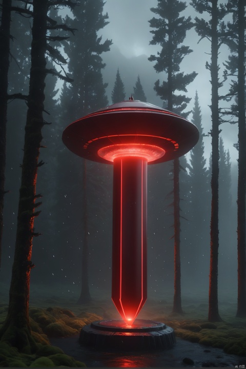 A red glowing cylinder shape alien ship, high height, in iceland, in rhe raining forest, dark theme, 8k, ultrarealistic