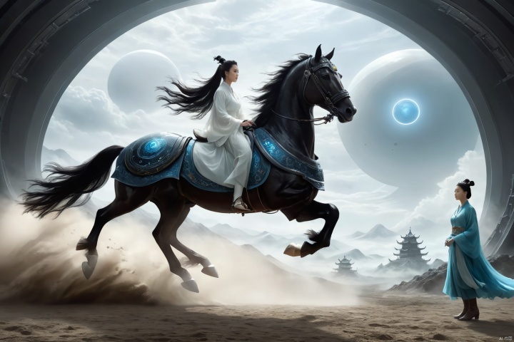  1girl,solo,black hair,hair ornament,hair bun,chinese clothes ,single hair bun,riding,horse,hors,eback riding,The girl is riding on a mechanical warhorse, with an alien spacecraft in the background,Flowing long hair,Vivid clothes,
A solitary young woman, her long black hair tied up in a sleek, single hair bun accentuated by a dazzling hair ornament, is dressed in authentic Chinese garb that speaks volumes about her cultural heritage. Riding not just any ordinary horse, but a futuristic mechanical warhorse, she stands out against the stark contrast of her surroundings. 
Against the backdrop of an extraterrestrial spacecraft hovering majestically in the distance, this scene encapsulates a fascinating blend of ancient traditions and advanced technology. The girl's confident stance on her high-tech mount symbolizes a seamless integration of the past and the future, where oriental aesthetics meets sci-fi fantasy.
As she navigates the unknown terrain, her equestrian skills adapt seamlessly to the mechanical creature beneath her, suggesting a world where humanity has evolved beyond the conventional bounds of Earthly limitations. In this surreal imagery, the girl on her mechanical warhorse becomes a beacon of resilience and adaptation, bridging worlds and epochs in a thrilling narrative of human progress and cultural endurance., scenery