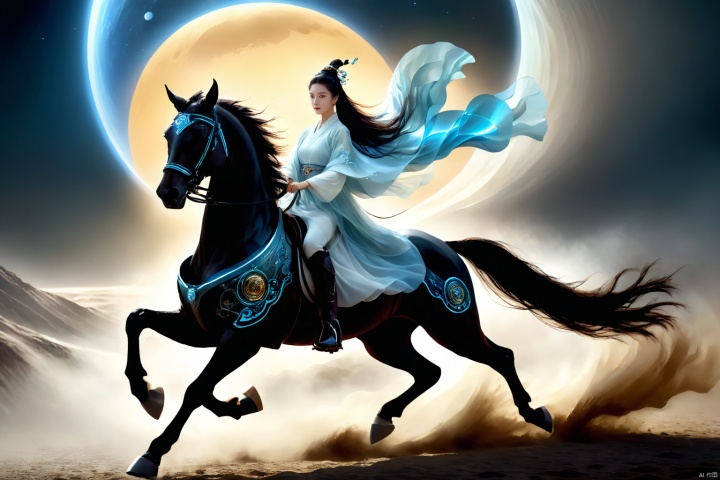  1girl,solo,black hair,hair ornament,hair bun,chinese clothes ,single hair bun,riding,horse,hors,eback riding,The girl is riding on a mechanical warhorse, with an alien spacecraft in the background,Flowing long hair,Vivid clothes,
A solitary young woman, her long black hair tied up in a sleek, single hair bun accentuated by a dazzling hair ornament, is dressed in authentic Chinese garb that speaks volumes about her cultural heritage. Riding not just any ordinary horse, but a futuristic mechanical warhorse, she stands out against the stark contrast of her surroundings. 
Against the backdrop of an extraterrestrial spacecraft hovering majestically in the distance, this scene encapsulates a fascinating blend of ancient traditions and advanced technology. The girl's confident stance on her high-tech mount symbolizes a seamless integration of the past and the future, where oriental aesthetics meets sci-fi fantasy.
As she navigates the unknown terrain, her equestrian skills adapt seamlessly to the mechanical creature beneath her, suggesting a world where humanity has evolved beyond the conventional bounds of Earthly limitations. In this surreal imagery, the girl on her mechanical warhorse becomes a beacon of resilience and adaptation, bridging worlds and epochs in a thrilling narrative of human progress and cultural endurance., scenery