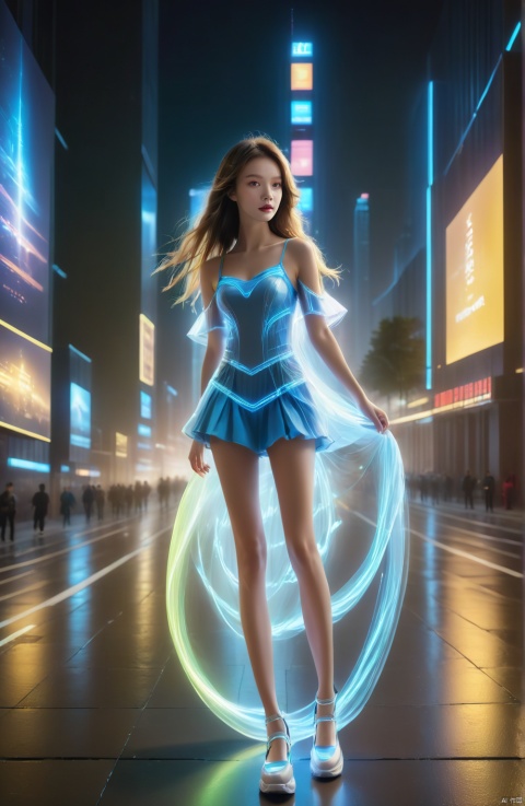 1 girl, solo, long hair, neon light, (full body), night, city street, blue_dress, luminous text on the body, multi-line light on the body, (luminous electronic screen),(electronic message flow: 1.3), holographic projection, (luminous electronic screen on the arm: 1.2), luminous text on the thigh, (girl pose: 1.3), luminous electronic shoes, (Masterpiece, best quality: 1.2),16k, horizontal image quality, (luminous electronic screen), electronic message flow, holographic projection,, luminous electronic shoes,  city blocks, skyscrapers, scenery