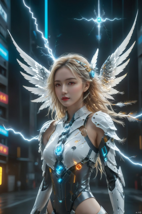 cyberpunk art,fantasy art,1girl,angel,angel wings,white theme,(winding lightning:1.2),mechanically constructed body,extremely complex mechanical structures,white skin,white wings,bright picture,red eyes,electricity,breasts,realistic,looking at viewer,blonde hair,mechanical wings,red eyes,a glowing halo above one's head,masterpiece,best quality,ultra-detailed,very detailed illustrations,extremely detailed,intricate details,highres,super complex details,extremely detailed 8k cg wallpaper,cowboy shot,reflections,ray tracing,dark aura,cyber effect,mecha girl parts,robot joints,single mechanical arm,(angel's halo),
mechanical halo,intricate mechanical bodysuit,mecha corset,(transparent plastic armor),very long hair,hair between eyes,multicolored hair,colored inner hair,random expressions,random action,dynamic pose.true-to-life feathers,
This female character possesses a body constructed entirely of intricate mechanical components,the complexity and finesse of which are truly awe-inspiring. Her skin is flawlessly white,and she unfurls a pair of pure white wings behind her back,adorned with a winding lightning pattern that is rendered at 1.2 times the standard density,creating a striking visual impact. These wings not only embody mechanical architecture but are also depicted with such lifelike detail that they resemble genuine feathers.,
She boasts ruby-red eyes that gleam with the kinetic energy of flowing electricity,directly engaging the viewer. Her golden locks shine brightly as they flow in the wind,with several strands naturally cascading down between her eyes. She sports a single mechanical arm,its joints meticulously designed with a distinct cyberpunk aesthetic.,
Her head is adorned with a halo composed of similar mechanical parts,softly emitting light,further enhancing her portrayal as a mechanical angel.