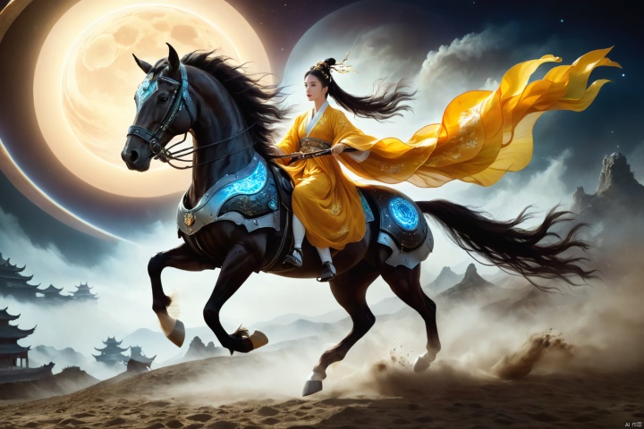  1girl,solo,black hair,hair ornament,hair bun,chinese clothes ,single hair bun,riding,horse,hors,eback riding,The girl is riding on a mechanical warhorse, with an alien spacecraft in the background,Flowing long hair,Vivid clothes,
A solitary young woman, her long black hair tied up in a sleek, single hair bun accentuated by a dazzling hair ornament, is dressed in authentic Chinese garb that speaks volumes about her cultural heritage. Riding not just any ordinary horse, but a futuristic mechanical warhorse, she stands out against the stark contrast of her surroundings. 
Against the backdrop of an extraterrestrial spacecraft hovering majestically in the distance, this scene encapsulates a fascinating blend of ancient traditions and advanced technology. The girl's confident stance on her high-tech mount symbolizes a seamless integration of the past and the future, where oriental aesthetics meets sci-fi fantasy.
As she navigates the unknown terrain, her equestrian skills adapt seamlessly to the mechanical creature beneath her, suggesting a world where humanity has evolved beyond the conventional bounds of Earthly limitations. In this surreal imagery, the girl on her mechanical warhorse becomes a beacon of resilience and adaptation, bridging worlds and epochs in a thrilling narrative of human progress and cultural endurance., scenery