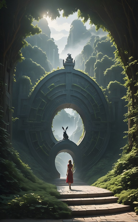 (Huge warrior statue in the background:1.5), (Best Quality,hight resolution),Detailed,Realistic,mystery,adventure,thrilling action,Beautiful Landscapes, ((Surrounded by vast forests)), 科幻小说,mystic atmosphere,Impressive visual effects,charmed,Enchanted World,((Rabbit eared girl exploring the maze:1.5)), ((Beautiful girl like an idol)), A twist that bends the heart,Maze walls covered with lush greenery,Vibrant colors,ominous shadows,Impressive scale and depth,Complex puzzles,Exhilarating chase scenes,Running for survival,Thrilling suspense,Dangerous roads and dead ends,Mysterious creatures lurking in the maze,Heroic determination,Change your perspective,Nerve-breaking tension,Game-changing secrets hidden in mazes,Dangerous traps and obstacles,Unforgettable climax,Cinematic Masterpiece., scenery