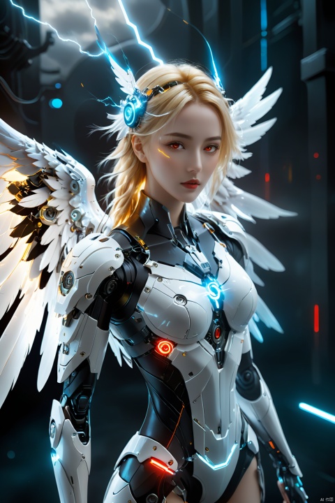 cyberpunk art,fantasy art,1girl,angel,angel wings,white theme,(winding lightning:1.2),mechanically constructed body,extremely complex mechanical structures,white skin,white wings,bright picture,red eyes,electricity,breasts,realistic,looking at viewer,blonde hair,mechanical wings,red eyes,a glowing halo above one's head,masterpiece,best quality,ultra-detailed,very detailed illustrations,extremely detailed,intricate details,highres,super complex details,extremely detailed 8k cg wallpaper,cowboy shot,reflections,ray tracing,dark aura,cyber effect,mecha girl parts,robot joints,single mechanical arm,(angel's halo),
mechanical halo,intricate mechanical bodysuit,mecha corset,very long hair,hair between eyes,multicolored hair,colored inner hair,random expressions,random action,dynamic pose.true-to-life feathers,
A visually striking piece of ultra-high-resolution (8K) CG wallpaper showcases a masterpiece of digital artistry where reality and imagination converge. The central figure is a captivating fusion of an ethereal angel with cybernetic elements, encapsulating the essence of both worlds.
She is a blonde-haired beauty, her tresses cascading in a manner that partially veils her intense red eyes which peer out directly at the viewer, radiating an air of mystery and power. Her skin, pure white as alabaster, contrasts dramatically against the extremely complex mechanical structures that compose part of her body, including a single mechanical arm and a mecha corset intricately designed to resemble ribs and plates, seamlessly merging with her form.
Her outfit is augmented by a masterfully crafted, winding set of mechanical wings – an engineering marvel bathed in shimmering white, complete with true-to-life feathers meticulously detailed through ray tracing technology. Each feather has a dark aura around it, subtly hinting at the electric energy coursing through the construct. Above her head, there's not a traditional halo but a 'mechanical halo', an illuminated, circuit-laden ring pulsating with electricity, symbolizing her dual nature.
In a dynamic pose, she seems to be mid-action, with multicolored hair—inner strands dyed in vibrant hues—that dances wildly around her, reflecting off the various surfaces to create mesmerizing patterns. The scene is brightly lit, highlighting every minute detail from the robot joints to the glossy reflections on her mechanical parts, all contributing to the super complex and intricate visual narrative.
This breathtaking composition, combining the divine with the futuristic, stands as a testament to the artist's skill in creating an ultra-detailed, high-resolution digital painting that leaves viewers spellbound with its unique blend of fantasy, science fiction, and technical prowess.
﻿