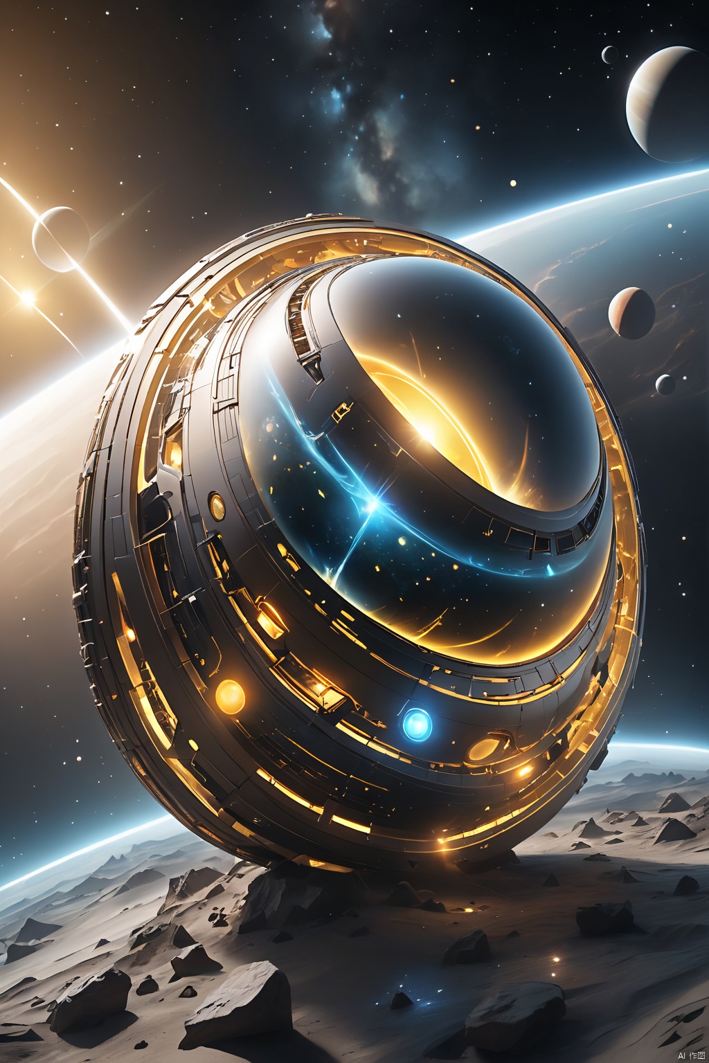  3d game concept scenery of curvy cosmic vessel with Voronoi pattern surrounded with debris in cosmic space near intricate alien planet, warm-yellow-deep-black organic spaceship armor, shiny cosmic vessel hull, intricate lowpoly vessel, translucent bio-luminescent materials, (Voronoi pattern, depth of field, (swirly bokeh:1.275), (Kodak Portra 400:0.875) :1.3), (realistic complex alien planet in background:1.1), shiny glass, (turbulent toxic vapor, epic surreal sunrise behind planet, rim lighting, low key light:1.25), remarkable masterpiece, celestial, ethereal, epic, magical light flares, natural soft dreamy lighting, ((warm-yellow and deep-carbon:0.7), (cinematic look:1.15):1.15)