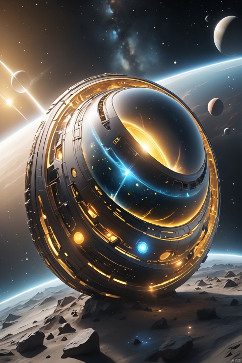 3d game concept scenery of curvy cosmic vessel with Voronoi pattern surrounded with debris in cosmic space near intricate alien planet, warm-yellow-deep-black organic spaceship armor, shiny cosmic vessel hull, intricate lowpoly vessel, translucent bio-luminescent materials, (Voronoi pattern, depth of field, (swirly bokeh:1.275), (Kodak Portra 400:0.875) :1.3), (realistic complex alien planet in background:1.1), shiny glass, (turbulent toxic vapor, epic surreal sunrise behind planet, rim lighting, low key light:1.25), remarkable masterpiece, celestial, ethereal, epic, magical light flares, natural soft dreamy lighting, ((warm-yellow and deep-carbon:0.7), (cinematic look:1.15):1.15)