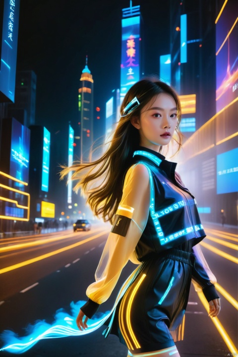  1 girl, solo, long hair, neon light, (full body), night, city street, blue_dress, luminous text on the body, multi-line light on the body, (luminous electronic screen),(electronic message flow: 1.3), holographic projection, (luminous electronic screen on the arm: 1.2), luminous text on the thigh, (girl pose: 1.3), luminous electronic shoes, (Masterpiece, best quality: 1.2),16k, horizontal image quality, (luminous electronic screen), electronic message flow, holographic projection,, luminous electronic shoes, colored smoke, city blocks, skyscrapers, , portrait