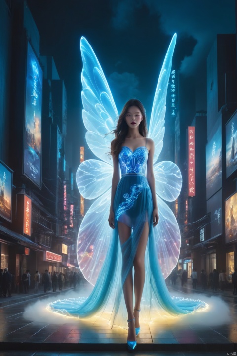 1girl, solo, long hair, neon light, (full body), night, city street, blue_dress, luminous text on the body, multi-line light on the body, (luminous electronic screen),(electronic message flow: 1.3), holographic projection, (luminous electronic screen on the arm: 1.2), luminous text on the thigh, (girl pose: 1.3), luminous electronic shoes, (Masterpiece, best quality: 1.2),16k, horizontal image quality, (luminous electronic screen), electronic message flow, holographic projection,, luminous electronic shoes,  city blocks, skyscrapers, scenery,
Surrealistic scenes,Weird architecture,Conceptual design,architectural design,realism,surrealism,3D rendering,scenery,excellent lighting,super detail,best quality,Fujifilm,extremely detailed CG unity 8k wallpaper,finely detail,long hair,floating dress,
(stairway to heaven, built on clouds, taken to the sky. fantastic style. dreamlike art. mysterious, misty. rotating watercolor, surreal harmony,),(Mirror Walker),from behind,(hands_on_own_chest),In a darkly enchanting fairy tale environment,we conceptualize an artwork titled 'Mirror Walker',which ingeniously intertwines the essence of surrealism painting with dreamlike aesthetic qualities. This piece is bathed in glowing neon hues while delving into the shadows of Chinese folklore and interweaving it with an indescribable sense of terror.,