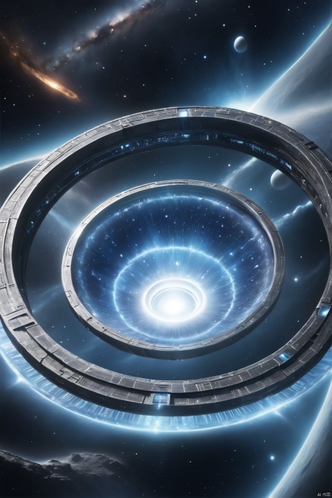 super detailed image of (((the giant stargate ring in the deep space))), ((the entire space inside the stargate is filled with streams of blue plasma flowing from the ring to the center of the space inside the ring):1.5), ((a flying saucer opposite the stargate is preparing to pass through it):1.3), (lightnings runs across the surface of the stargate), a planet very far in the space on background, Milky Way, space, stars, (Best Quality, 16K, Masterpiece, UHD, Ultra quality cinematic lighting, Huge detail, Well lit, sharp, hyper realistic, epic scale, insane level of details)