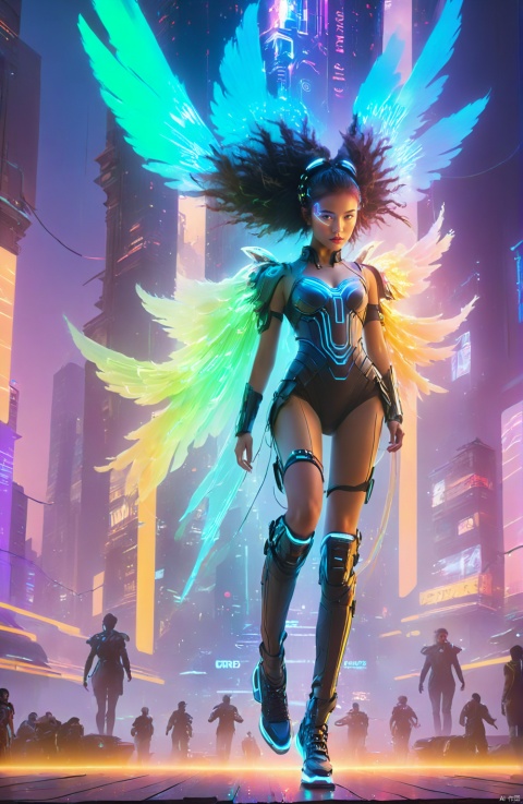 1girl,solo,full body,
In a horizontally oriented masterpiece rendered at an ultra-high 16K image quality that embodies the technology of the future, there stands a cyberpunk girl amidst a backdrop composed of tightly packed city blocks, towering skyscrapers, and neon-lit signs. This girl epitomizes the fusion of cutting-edge artistry and technology with meticulous attention paid to every detail in envisioning a unique interpretation of tomorrow's world.

Her attire is crafted from luminescent materials, featuring multiple lines of light tracing her form, creating a mesmerizing interplay of body-hugging beams (1.2). The entire ensemble sparkles as various points across her body emit light, weaving a dazzling visual spectacle.

An oversized glowing electronic screen adorns her body, dynamically streaming electronic messages and data flows (1.3), vividly encapsulating the torrential nature of digital information in a futuristic existence. A holographic projection system is integrated into her arm, extending outwards from a sleeve, casting images into the air—a testament to how deeply technology permeates daily life in this imagined future.

Text that glows luminously is inscribed upon her thigh, adding a layer of narrative intrigue to her overall aesthetic. She sports a pair of glowing electronic shoes that not only match but also harmoniously interact with her radiant outfit.

Colored smoke envelops her feet, imbuing the scene with an ethereal and enigmatic atmosphere. The girl strikes a powerful and evocative pose (1.2), serving as a symbolic bridge between reality and the realm of high-tech futurism.

In summary, this vision presents a cyberpunk girl who, through her illuminated garb, interactive body projections, and illuminated accessories, transcends the boundaries of the present while inviting viewers to embark on a journey into a new world where fashion design, advanced technological functionality, and futuristic ideology blend seamlessly., Arien view