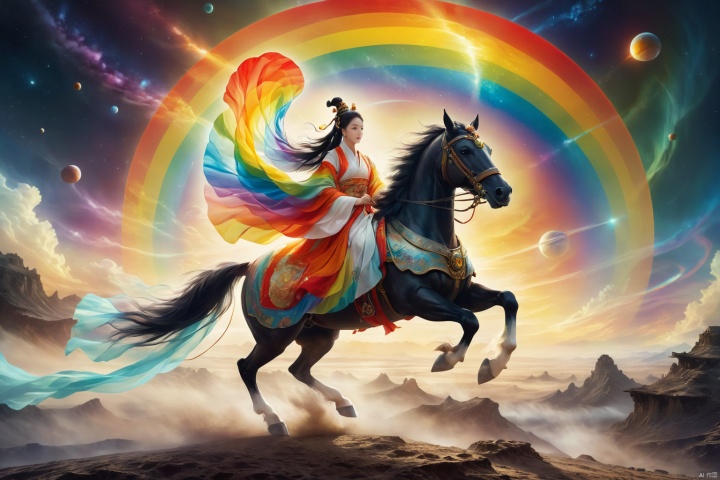 1girl,solo,black hair,hair ornament,hair bun,chinese clothes ,single hair bun,riding,horse,hors,eback riding,The girl is riding on a mechanical warhorse, with an alien spacecraft in the background,Flowing long hair,Rainbow-colored Hanfu,
A solitary young woman, her long black hair tied up in a sleek, single hair bun accentuated by a dazzling hair ornament, is dressed in authentic Chinese garb that speaks volumes about her cultural heritage. Riding not just any ordinary horse, but a futuristic mechanical warhorse, she stands out against the stark contrast of her surroundings. 
Against the backdrop of an extraterrestrial spacecraft hovering majestically in the distance, this scene encapsulates a fascinating blend of ancient traditions and advanced technology. The girl's confident stance on her high-tech mount symbolizes a seamless integration of the past and the future, where oriental aesthetics meets sci-fi fantasy.
As she navigates the unknown terrain, her equestrian skills adapt seamlessly to the mechanical creature beneath her, suggesting a world where humanity has evolved beyond the conventional bounds of Earthly limitations. In this surreal imagery, the girl on her mechanical warhorse becomes a beacon of resilience and adaptation, bridging worlds and epochs in a thrilling narrative of human progress and cultural endurance.